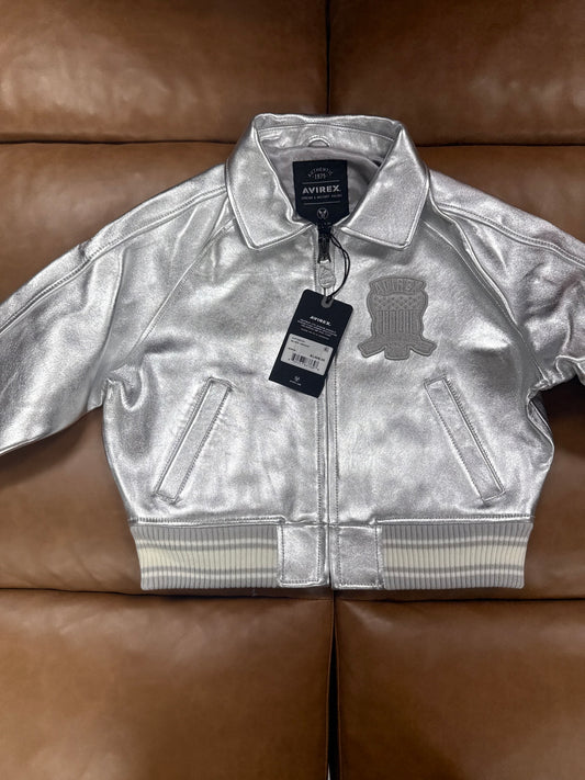 Avirex Women’s Cropped Icon Limited Leather Jacket Silver/ Argent